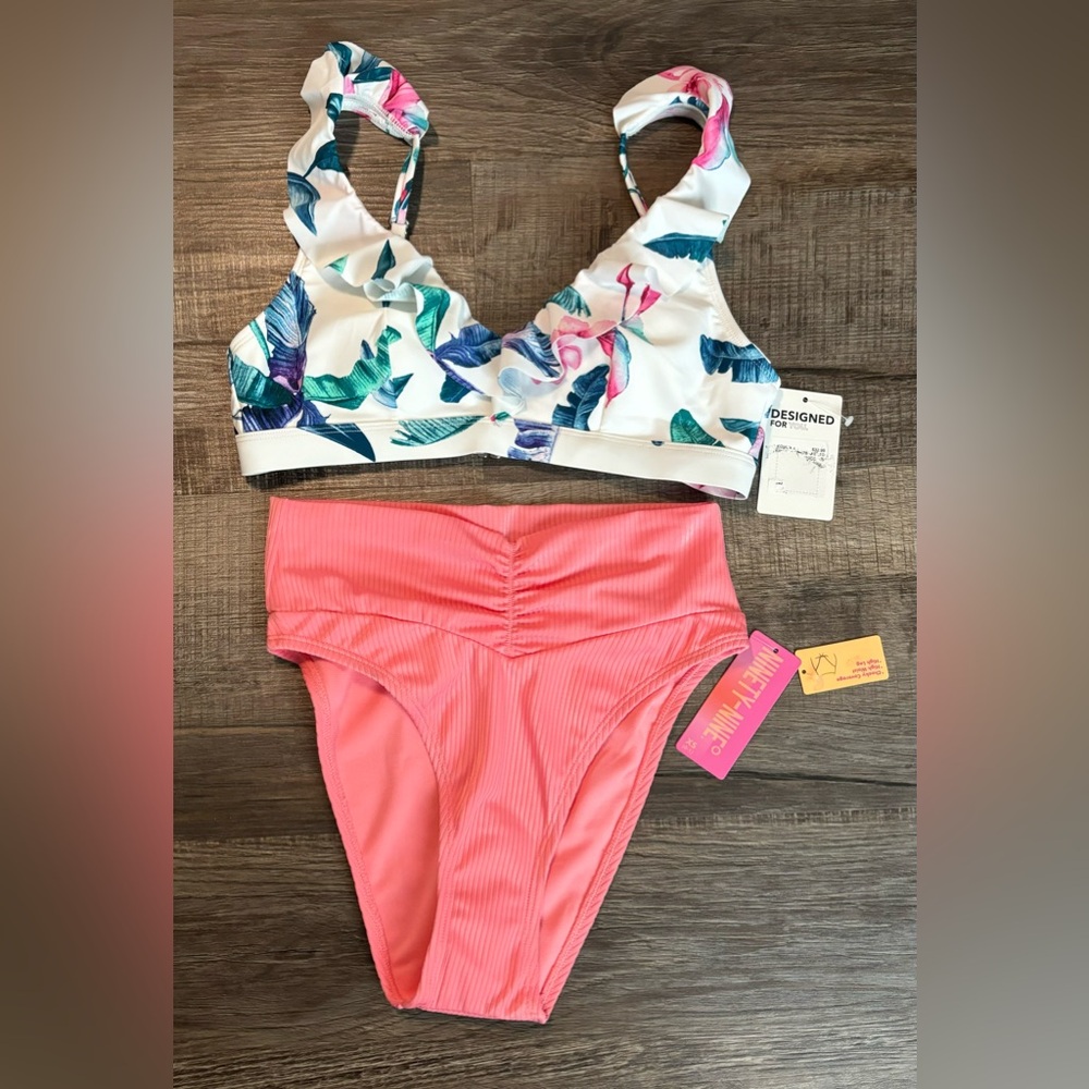 Floral Bikini Set with Pink Bottoms; Top Size Small, Bottoms Size XS